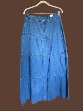 Washed Blue Denim Tiered Maxi Skirt